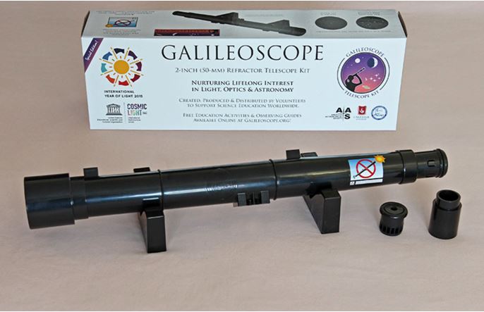 The Galileoscope telescope kit with its new IYL 2015 packaging. Photo by Rick Fienberg.